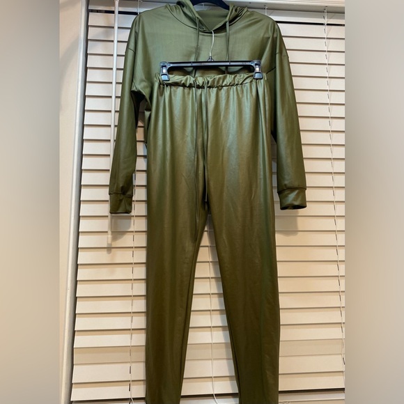 Olive Green Satin Jogger Set – Women - Picture 2 of 7